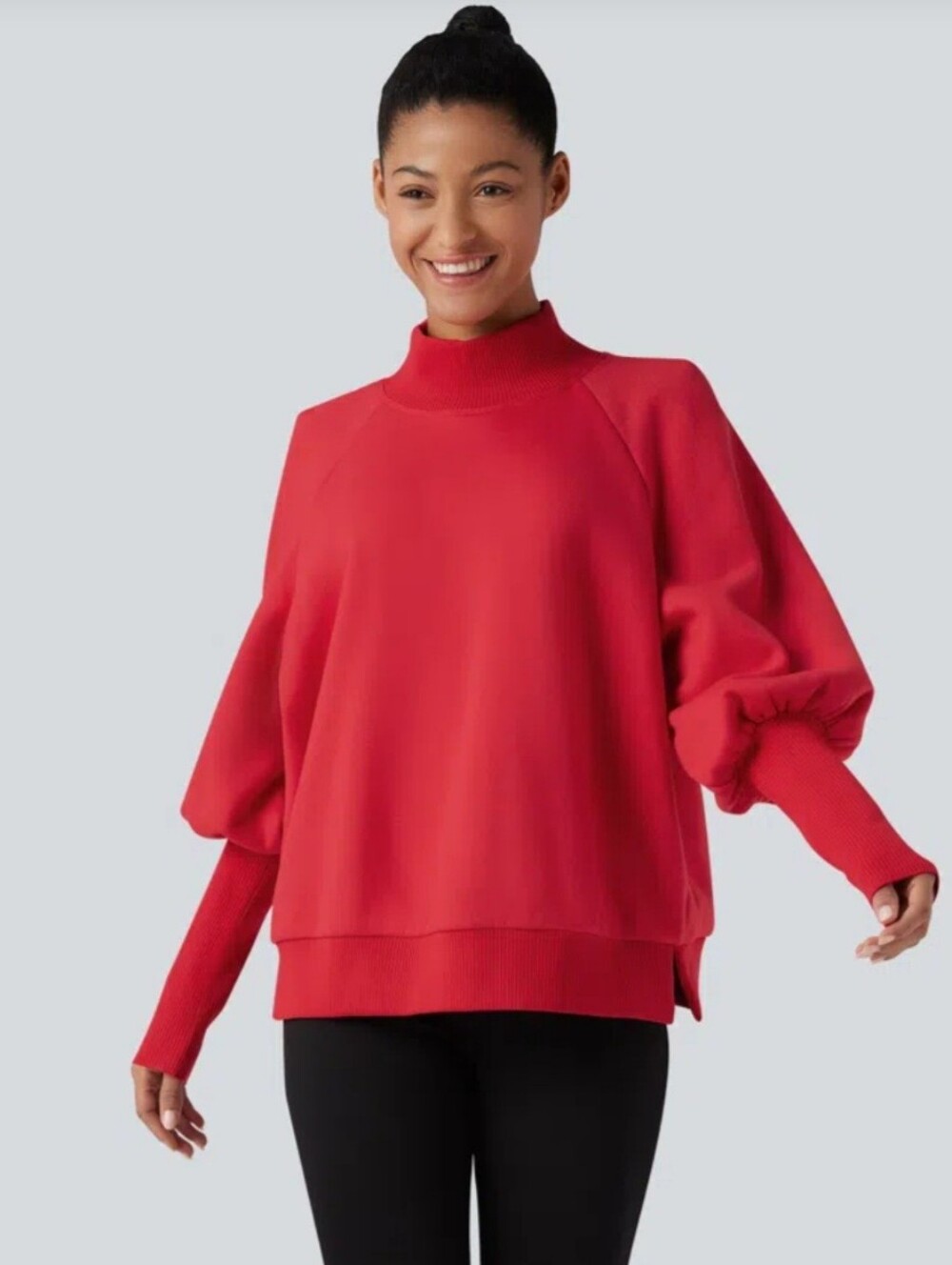 HALARA Red Balloon-Sleeve Mock Neck Sweater